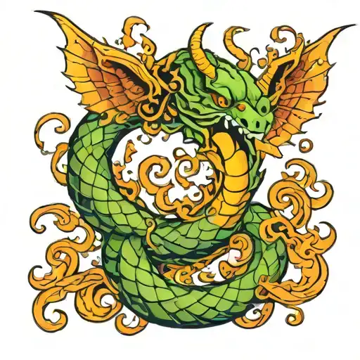 An intricate design of a serpent with wings made of fire and a heart-shaped devil tail, combining the client's favorite elements in a unique way tattoo design idea