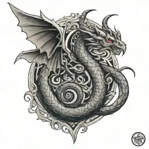 An intricate design of a serpent with wings made of fire and a heart-shaped devil tail, combining the client's favorite elements in a unique way tattoo design idea