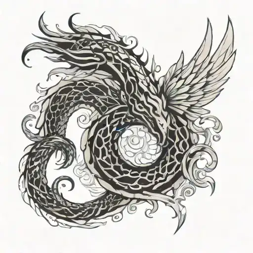 An intricate design of a serpent with wings made of fire and a heart-shaped devil tail, combining the client's favorite elements in a unique way tattoo design idea