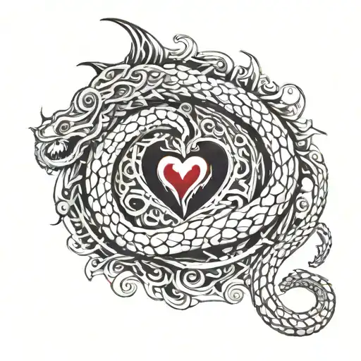 An intricate design of a serpent with wings made of fire and a heart-shaped devil tail, combining the client's favorite elements in a unique way tattoo design idea
