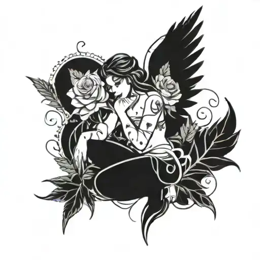 female angel kneeling with roses and marijuana leaves intertwined around and enveloping her tattoo design idea