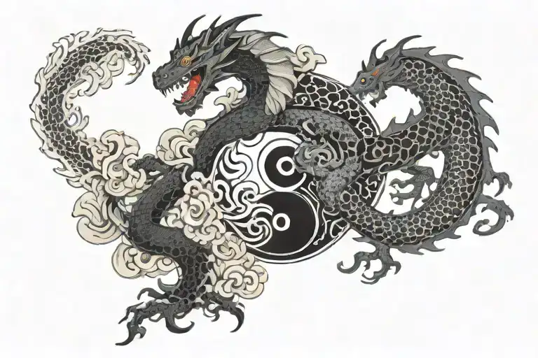 demon and dragon with yin yang symbol tattoo design idea