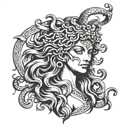 goddess medusa blindfolded warrior women tattoo design idea