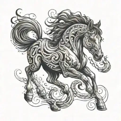 Design a tattoo of a Ford Mustang GT 500 morphing into a powerful horse with a coiled snake wrapped around its legs tattoo design idea
