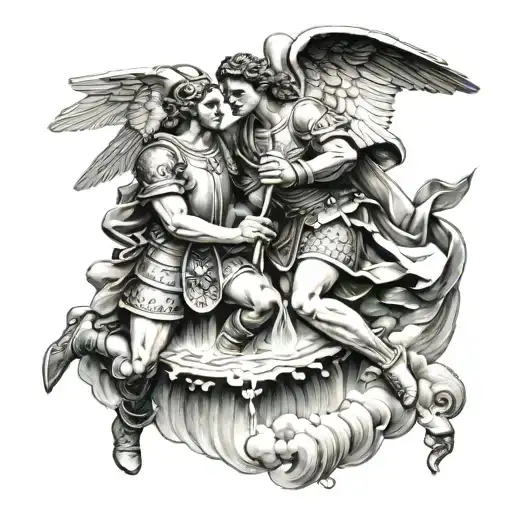 st Florian with angel pouring water   tattoo design idea