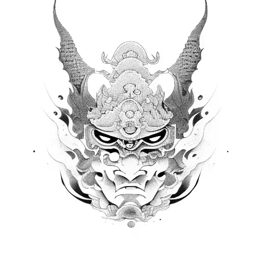 japanese style waves with oni mask tattoo design idea