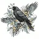 leaves become many crows that merge into a raven with wings spread tattoo design idea