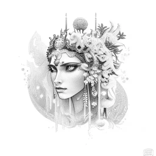goddess Circe with lion flowers tattoo design idea