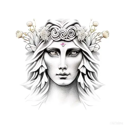 goddess Circe with lion flowers tattoo design idea