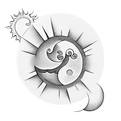 small half moon and sun, black and white tattoo design idea