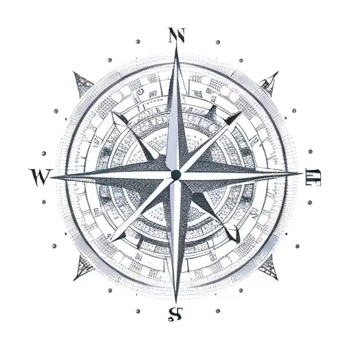 compass motive with mountains and trees on the background tattoo design idea