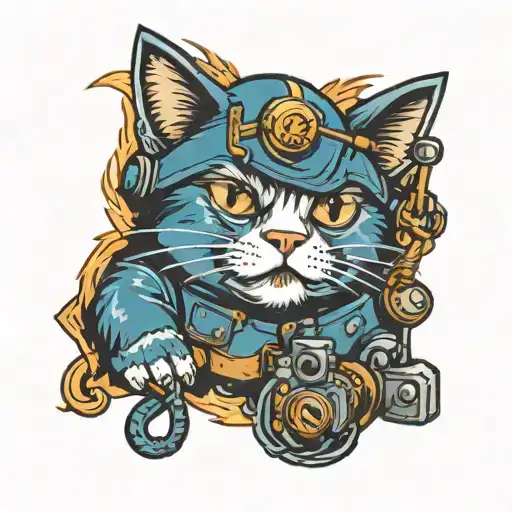 cat electrician video gamer Warhammer style tattoo design idea