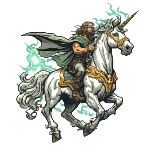 Zeus riding a unicorn lightning bolt  tattoo design idea
