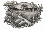 graveyard and long road tattoo design idea