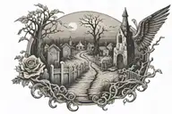 graveyard and long road tattoo design idea