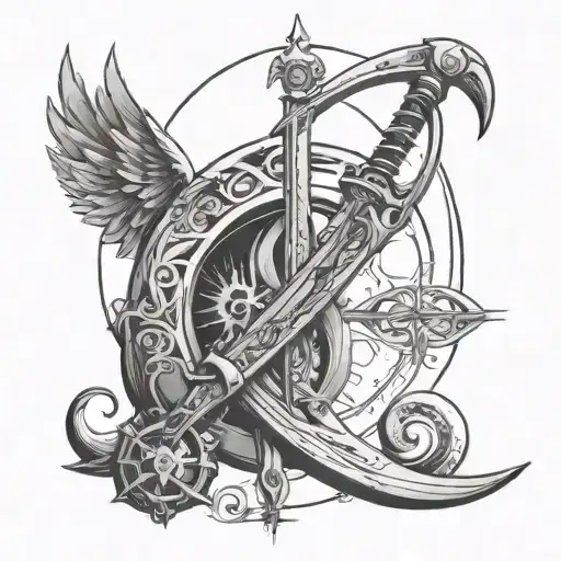A mysterious and mystical tattoo featuring a scythe surrounded by celestial symbols, representing the concept of miracles and fate tattoo design idea