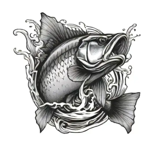 bass jumping out of water after hook with initials LDR tattoo design idea