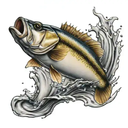 bass jumping out of water with fishing hook and initials LDR  tattoo design idea