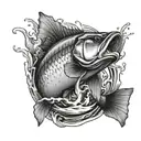 bass jumping out of water after hook with initials LDR tattoo design idea