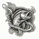 bass jumping out of water after hook with initials LDR tattoo design idea