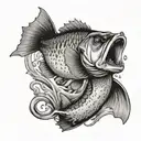 bass jumping out of water after hook with initials LDR tattoo design idea