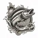 bass jumping out of water after hook with initials LDR tattoo design idea
