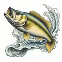 bass jumping out of water with fishing hook and initials LDR  tattoo design idea
