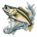 bass jumping out of water with fishing hook and initials LDR  tattoo design idea