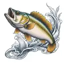 bass jumping out of water with fishing hook and initials LDR  tattoo design idea