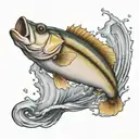 bass jumping out of water with fishing hook and initials LDR  tattoo design idea