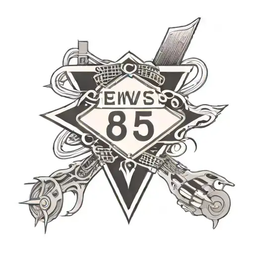 A black-grey tattoo of a highway sign for Interstate 85 surrounded by musical notes and BMW logo tattoo design idea