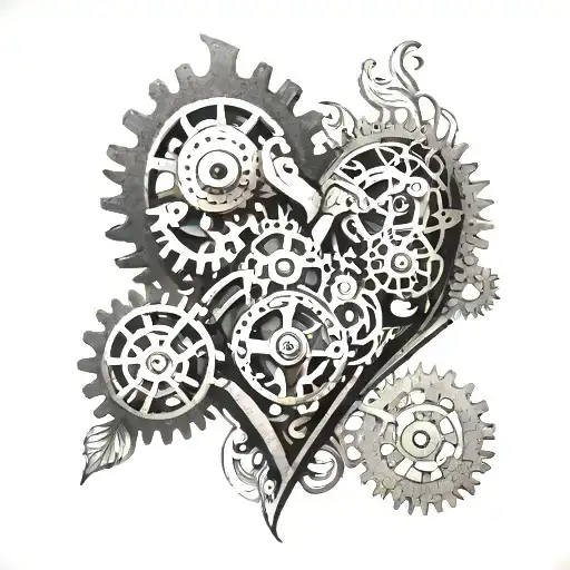 A mechanical heart with intricate gears and music notes intertwined tattoo design idea