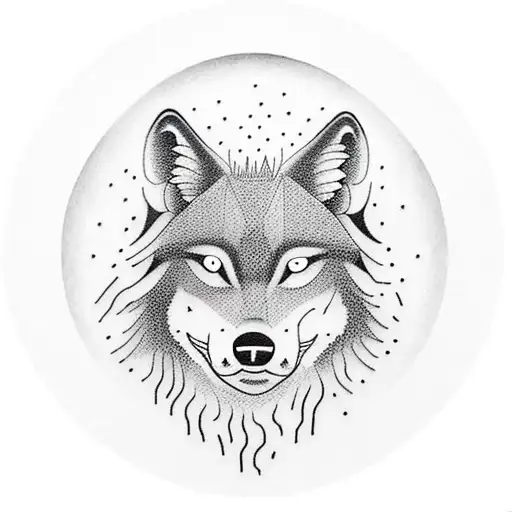 silhouette of the forest in black and a smaller wolf in the front as white gray tattoo design idea