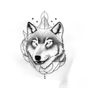 silhouette of the forest in black and a smaller wolf in the front as white gray tattoo design idea