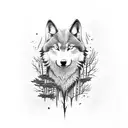 silhouette of the forest in black and a smaller wolf in the front as white gray tattoo design idea