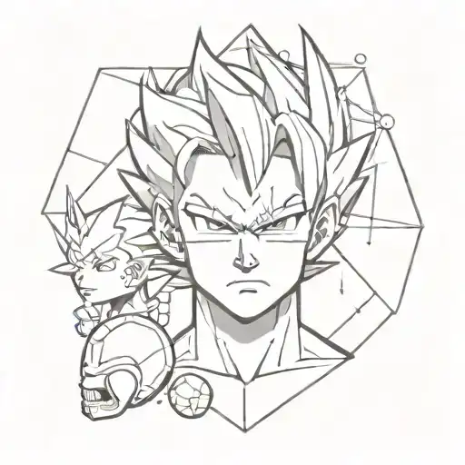 A geometric minimalist design incorporating elements of Vegeta, Bulma, capsules, and dragonballs tattoo design idea