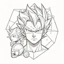 A geometric minimalist design incorporating elements of Vegeta, Bulma, capsules, and dragonballs tattoo design idea