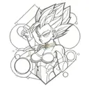A geometric minimalist design incorporating elements of Vegeta, Bulma, capsules, and dragonballs tattoo design idea