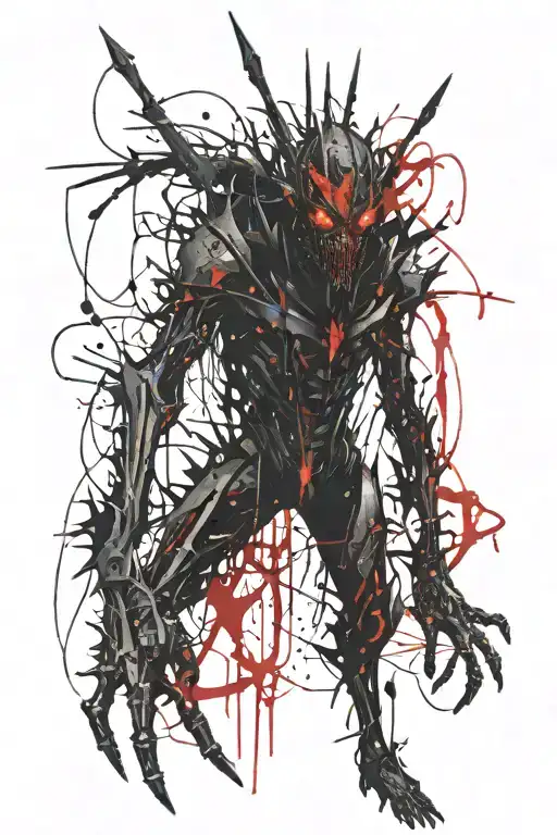 tall metallic 4 armed humanoid adorned in razor-sharp blades and thorns, glowing red eyes, standing ominously tattoo design idea