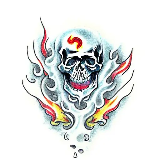 Skull with flames and crows tattoo design idea