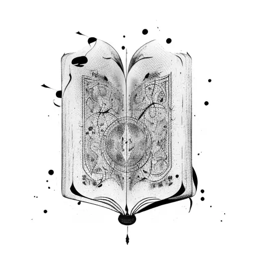 A spellbook with pages made of musical scores, surrounded by ink splatters tattoo design idea
