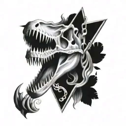 t-Rex skull with triangle in background flaming with some vines  tattoo design idea