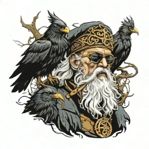 Odin with eye patch and his crows flying tattoo design idea