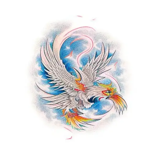 A phoenix with burning majestic feathers soaring into the sky  tattoo design idea