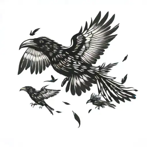 crows flying away with falling feathers tattoo design idea