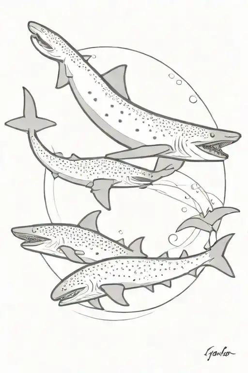 a whale shark as the centerpiece of the design and two dolphins circling it, the design would be the animals seen from a tattoo design idea
