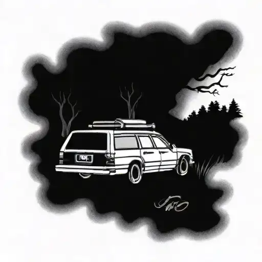 an old volvo 740 station wagon lying in a ditch tattoo design idea