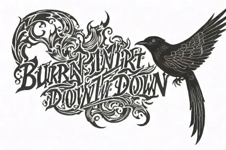 text only saying burn it down on fire with a blackbird tattoo design idea