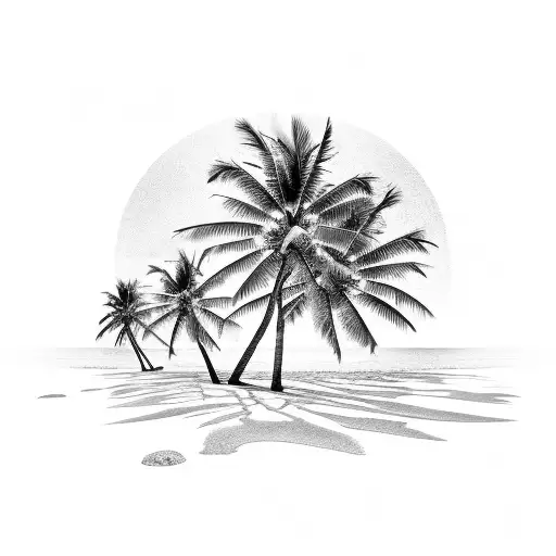 3 palm trees on a beach with a setting sun and an old shipwreck on the beach tattoo design idea