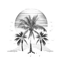 3 palm trees on a beach with a setting sun and an old shipwreck tattoo design idea